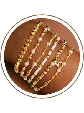18K Gold Plated Beaded Stretch Bracelet - Personalized Initial Jewelry Gift for